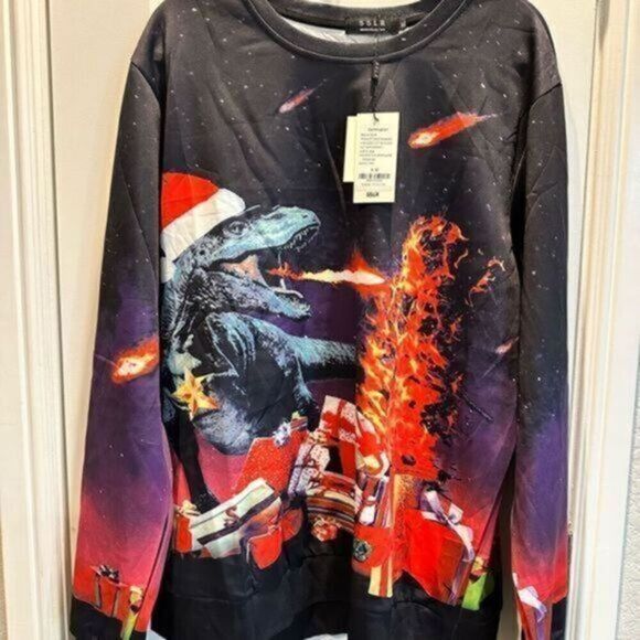 NWT -SSLR Unisex Rex Christmas Long Sleeve Shirt Black Graphic Print - Size XL - Picture 1 of 7